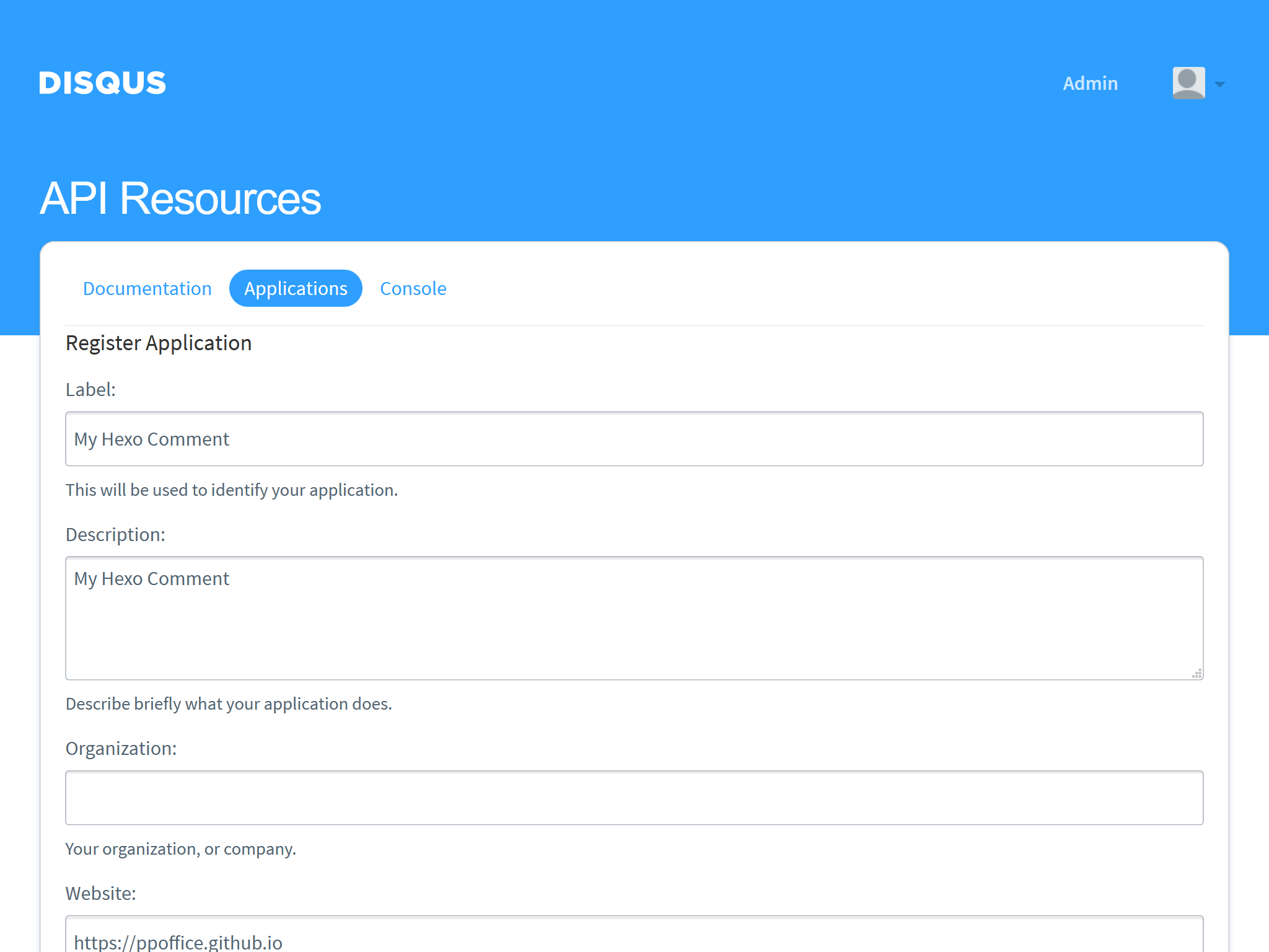 注册应用 - Disqus